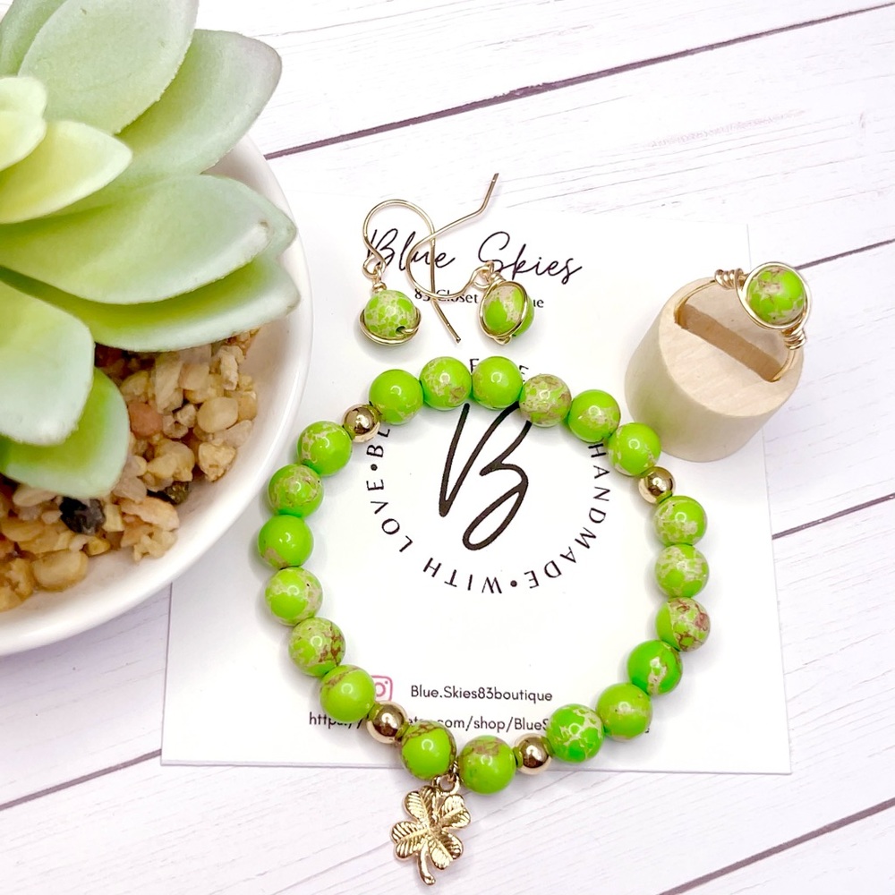 Stability Lime Green Sea Sediment Jasper & 14K Gold Coated Hematite Jewelry Set